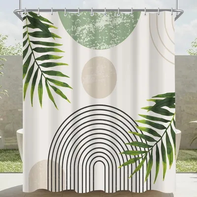 Productafbeelding van Douchegordijn 120x200 cm, groen, met bladmotief, van textiel, waterafstotend, wasbaar, met 8 ringen