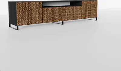 A 3D render of a modern TV cabinet with a textured front and black legs, set against a plain white background.