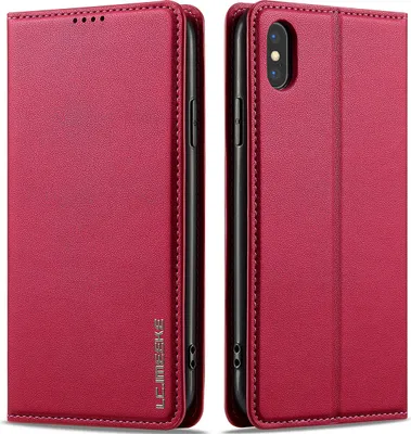 Produktbild von Handyhülle für iPhone XS / iPhone X, Magnetische Flip Leder Hülle mit Kartenfach und Standfunktion Rot