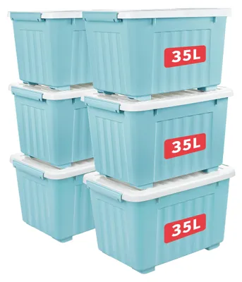 Immagine prodotto di Contenitore di stoccaggio con coperchio, capacità 35 litri, confezione da 6 pezzi, dotato di ruote e chiusure laterali, impilabile
