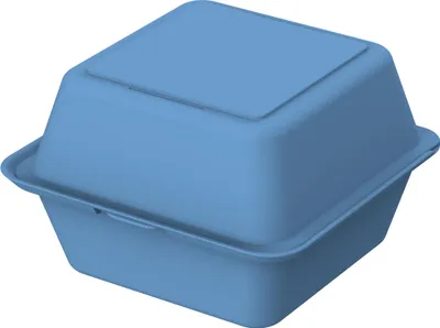 A blue burger box with its lid closed, shown from a slightly elevated diagonal angle.