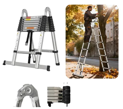 Image de Échelle télescopique, hauteur maximale de 5 mètres, capacité de charge de 150 kg, dimensions repliée de 1,5 mètre, 5 échelons, matériau : aluminium