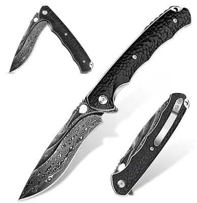 Image de Couteau pliant en acier damas VG10, manche en ébène, lame noire, 9 cm