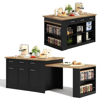 Productafbeelding van Multifunctioneel keukenblok, 150x90 cm, zwart, met uitschuifbaar eettafel