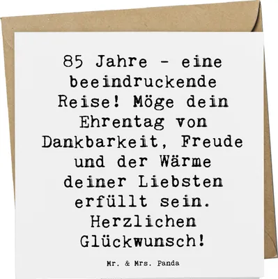 Produktbild von Mr. & Mrs. Panda Klappkarte Spruch 85. Geburtstag - Weiß - Geschenk, Dankbarkeit, Grußkarte, Wärme, Glückwunschkarte, Happy Birthday, faltkarte, Glückwunsch, anlasskarte