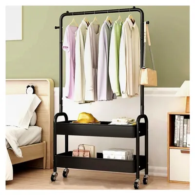 Produktbild von Kleiderständer aus Metall, 2-stöckig - Kleiderstange für Schlafzimmer mit doppelten Ablagen und kleinen Rollen - Robuster Organizer für Kleidung, 68 cm (Schwarz)