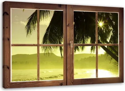 Produktbild von Leinwandbild fenster - meer und palmen 90x60 cm Feeby grün wandbild bereit zum aufhängen