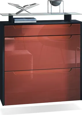 Produktbild von Vladon Schuhschrank Annie, Schuhkipper für 16 Paar Schuhe mit 2 Klappen, 1 Schublade und Glasablage, Schwarz matt/Bordeaux Hochglanz, Griffmulden in Bordeaux Hochglanz (89 x 95,5 x 23 cm)