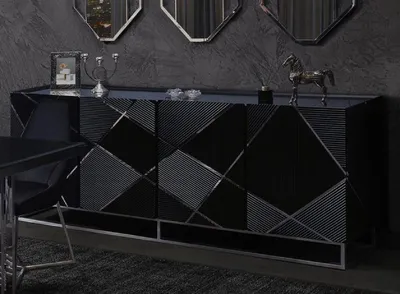 Produktbild von Casa Padrino Luxus Sideboard Schwarz / Silber 220 x 53 x H. 86 cm - Wohnzimmer Sideboard mit 4 Türen - Luxus Möbel