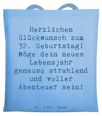 Produktbild von Mr. & Mrs. Panda Tote Bag Spruch 32. Geburtstag Abenteuer - Sky Blue - Geschenk, Einkaufstasche, Shopping Tasche, Stoffbeutel, Jutebeutel, Freude, besonderen Tag, Alter