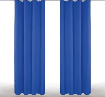 Two blue curtains hanging from a rod against a white background.