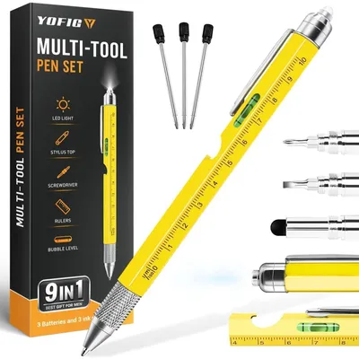 Obrázok produktu pre Multifunkčné pero 9 v 1: nástroj s LED svetlom, skrutkovač, vodováha, otvárač fliaš, držiak na telefón, žltá farba, 1 kus