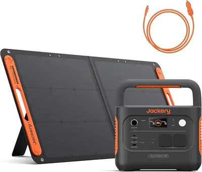 Produktbild von Jackery E1000 v2 Tragbare Powerstation mit 100W Solarpanel, 1070Wh LiFePO4 Solargenerator mit DC8020 Kfz-Ladekabel,1 Std. Schnellladung