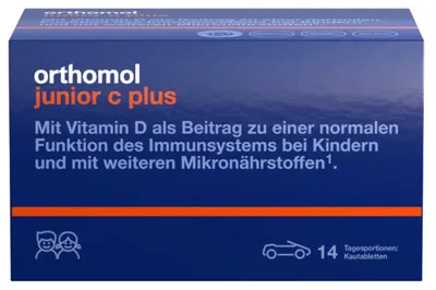 Produktbild von Orthomol junior C plus - mit Vitamin C als Beitrag zu einer normalen Funktion des Immunsystems - Waldfrucht und Mandarine/Orange, 14 St. Tagesportionen