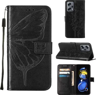 Produktbild von Xiaomi Poco X4 GT 5G Hülle, Schmetterling Prägung Flip Leder Kartenfächer Schutzhülle Ledertasche mit Ständer für Xiaomi Poco X4 GT 5G Schwarz