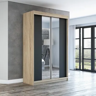 Produktbild von Schwebetürenschrank, 2-türig Schrank mit Spiegel! Moderne Garderobe für Kleidung. Verschiedene Farben (Weiß, Schwarz, Somona) Kleiderschrank NEO 120 cm