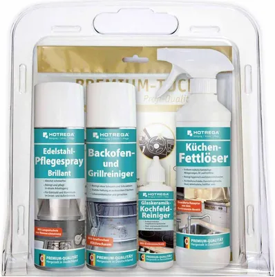 Produktbild von HOTREGA Küchen-Set Reinigung und Pflege Classic 5-teilig, Kochfeldreiniger, Backofenreiniger, Hygiene Fettreiniger, Edelstahlpflege, Microfasertuch