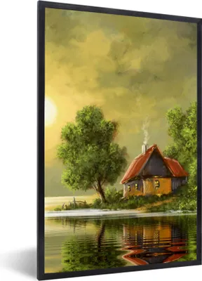 Produktbild von MuchoWow® Gerahmtes Poster Gemälde - Ölfarbe - Haus - Natur - Wasser 40x60 cm - Poster mit Schwarzem Bilderrahmen Wandposter Rahmen Foto Bilder - Papierdruck - Wandbilder