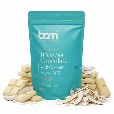 Immagine prodotto di BAM Cioccolata calda bianca al cocco - bevanda al cioccolato - cioccolata calda - 220 g, Immagine generata dall'IA