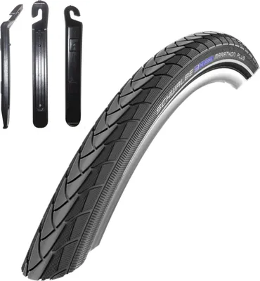 Immagine prodotto di 1 pneumatico per bicicletta Schwalbe Marathon Plus antiforatura in nero con riflettente 37-590 (26 x 1 3/8) incl. 3 leve per pneumatici