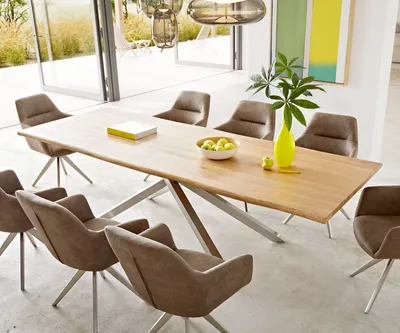 Produktbild von DELIFE Esstisch Edge 260x100x2,5-3 Eiche Natur Kreuzgestell Rechteck Edelstahl Live-Edge