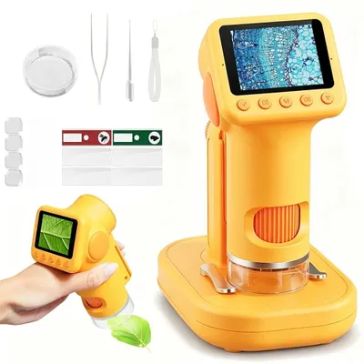 Produktbild von Mikroskop - Tragbares wissenschaftliches Mini-Mikroskop - 100- bis 1600-fache Vergrößerung - Objektträger - Pinzette - Petrischale - Hand- und Tischgerät - Kunststoff