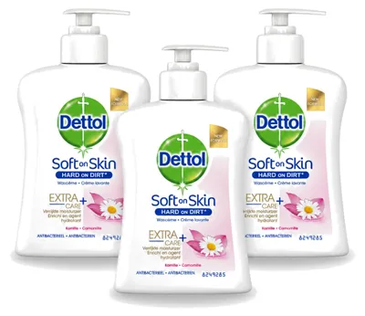 Imagen del producto de 3 unidades de jabón antibacteriano líquido para manos Dettol, con extracto de manzanilla para hidratar, 250 ml. Paquete económico