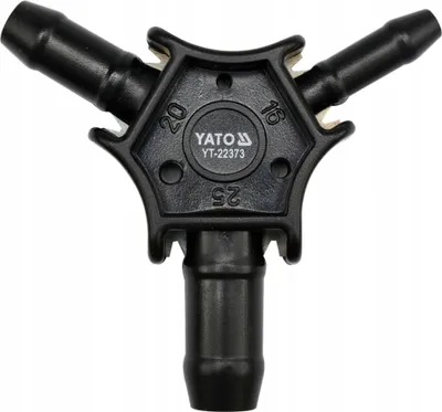 A black Yato pipe calibrator with three hose connectors, labeled with sizes 16, 20, and 25.