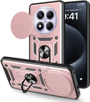 A rose gold phone case with a camera cover and ring holder is shown from multiple angles, with a phone visible in the background.