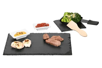 Produktbild von KESPER Raclette-Set 10-tlg., Schiefer, naturbelassener Rand, 38141, inkl. 2 Schieferplatten, 4 Dipschalen, 2 Pfännchen-Untersetzer, 2 Spachtel