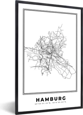 Produktbild von MuchoWow® Gerahmtes Poster Deutschland - Hamburg - Stadtplan - Karte - Schwarz-Weiß - Karte 60x90 cm - Poster mit Schwarzem Bilderrahmen Wandposter Rahmen Foto Bilder - Kunst