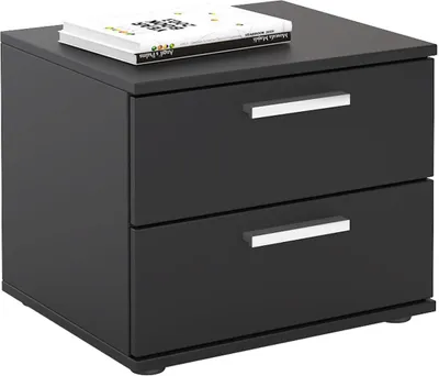 A black nightstand with two drawers and silver handles, with a book on top.