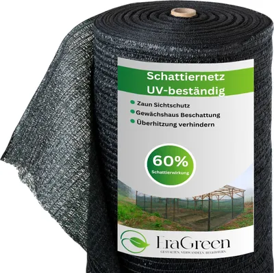 A roll of black shade netting with a label showing product information and a scene of a garden with netting.
