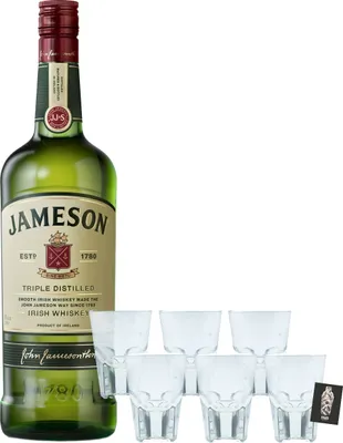 Produktbild von Jameson Set Irish Whiskey 1L (40% vol.) inkl. 6er Set Shotgläser/Trio Tasting Glass Jameson 6cl- [Enthält Sulfite]