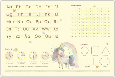 Produktbild von Schreibtischunterlage für Kinder – Lernunterlage in Einhorn Optik - ABC, 1x1, Uhrzeiten – 60 x 40 cm – aus Vinyl -  Germany - Mädchen