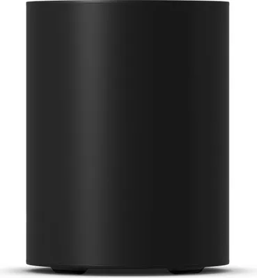 A black cylindrical subwoofer is shown against a white background.