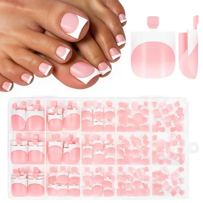 Image de Faux ongles à coller, 150 pièces, 15 tailles, style français, forme carrée, couleur rose