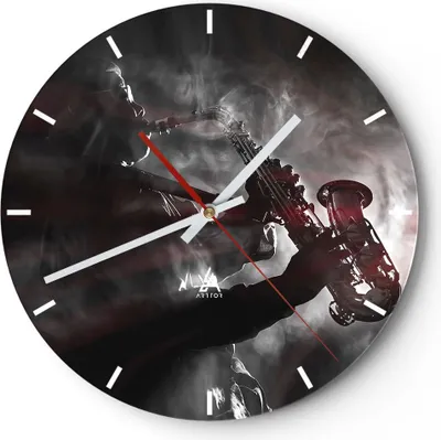 Produktbild von Wanduhr - Rund - Glasuhr - Musiker Saxophonist Schwarz - 40x40cm - Schleichendes Uhrwerk - Lautlos - zum Aufhängen bereit - Dekoration Modern - Wanddekoration aus Glas - C3AR40x40-4276