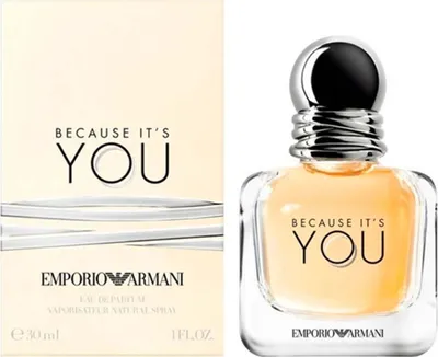 A product shot of Emporio Armani Because It's You Eau de Parfum for women, shown next to its packaging.