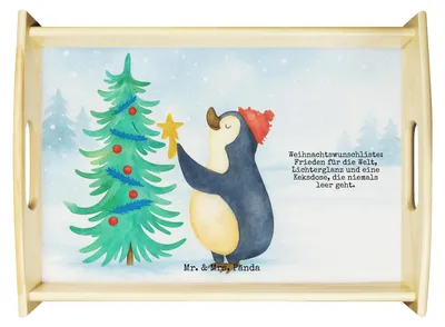 Produktbild von Mr. & Mrs. Panda Tablett Pinguin Weihnachtsbaum Design - Weiß - Geschenk, Weihnachten, Holztablett, Winter, kaffeetablett, Serviertablett, für bett, aus holz