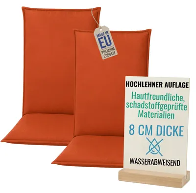 Produktbild von Pillows24 - 2x Hochlehner Auflagen 120x50x8 cm | Bequeme & Wetterfeste Gartenstuhlauflagen | Polster Sitzkissen für Gartenmöbel | EU | Orange