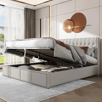 Image de MODFU Lit Coffre 180x200 cm - Lit Double Capitonné avec Coffre Hydraulique et Tête à Clous Décoratifs - Tissu Lin et Coton - Gris Clair - Sans Matelas