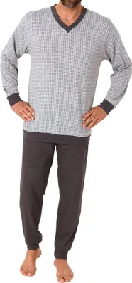 Produktbild von Normann Herren langarm Schlafanzug Pyjama mit Bündchen in eleganter Minimal-Print Optik ; grau-mel. , 48