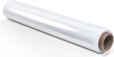 A roll of transparent stretch wrap on a cardboard core, presented on a white background.