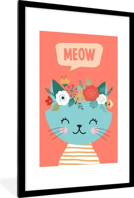 Produktbild von MuchoWow® Gerahmtes Poster Katze - Blumen - Blau 60x90 cm - Poster mit Schwarzem Bilderrahmen Wandposter Rahmen Foto Bilder - Dekoration - Wandposter Wohnzimmer - Hochwertig
