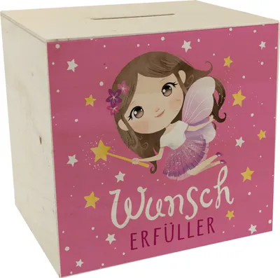 Produktbild von Fee Spardose aus Holz mit Spruch Wunscherfüller