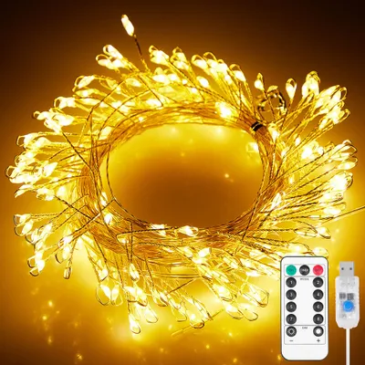 Produktbild von 6m 200 LED Kupferdraht Cluster Lichterkette Wasserdicht 8 Lichtmodi USB mit Fernbedienung für Party Hochzeit Weihnachten Deko, Warmweiß