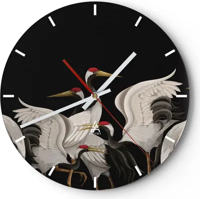 Produktbild von Wanduhr - Rund - Glasuhr - Kraniche Vögel Grafiken - 40x40cm - Schleichendes Uhrwerk - Lautlos - zum Aufhängen bereit - Dekoration Modern - Wanddekoration aus Glas - C3AR40x40-4748