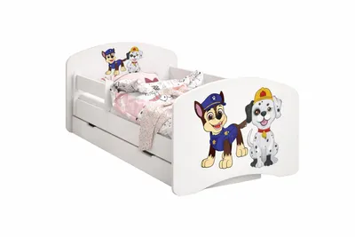 Produktbild von Happy Babies Kinderbett mit Rausfallschutz Junge 140x70 Bett für Kinderzimmer mit Schublade Matratze Einzelbett für Kinder Blau Hundemotiv