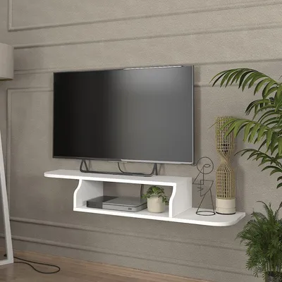 Zdjęcie produktu dla Wisząca szafka pod telewizor "Kershaby" z jedną otwartą przegrodą i gniazdami kablowymi 120 x 30 x 19 cm Biały